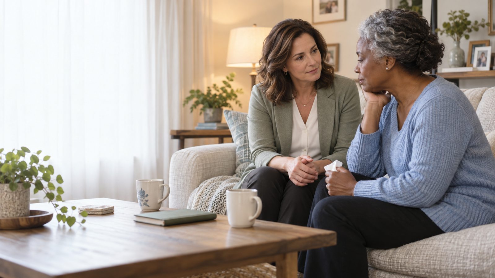 A bereavement counselor sitting with a grieving woman on her living room sofa
