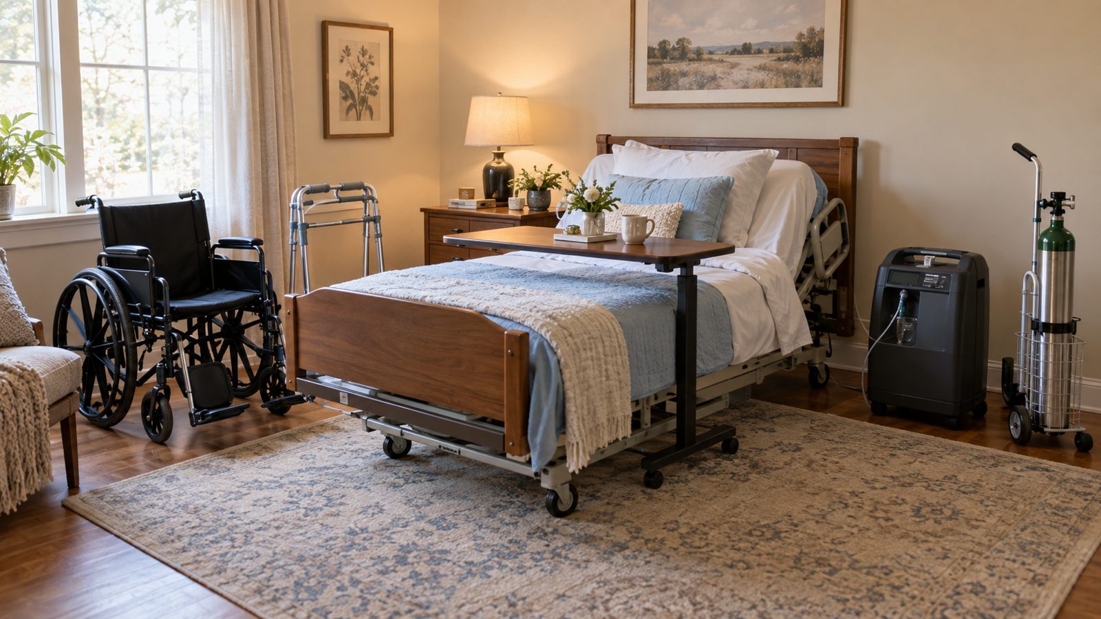 A home bedroom set up for hospice care with a hospital bed, overbed table, wheelchair, walker, and oxygen concentrator