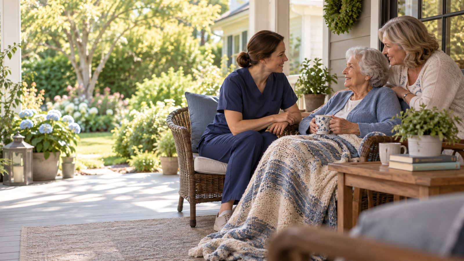 A hospice nurse visiting with a patient and her daughter on their sunny front porch
