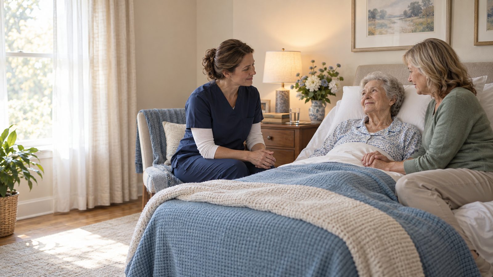 A hospice nurse sitting at the bedside of a patient at home while her daughter holds her hand