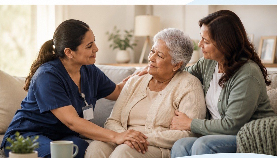 A hospice nurse sitting with a patient and her daughter