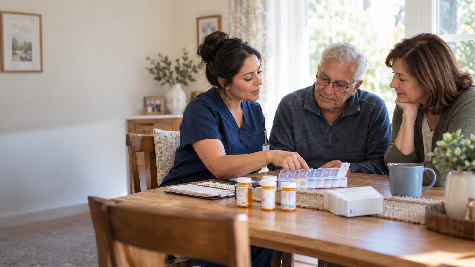 A hospice nurse reviewing a weekly pill organizer and medications with a patient and his daughter at their dining table