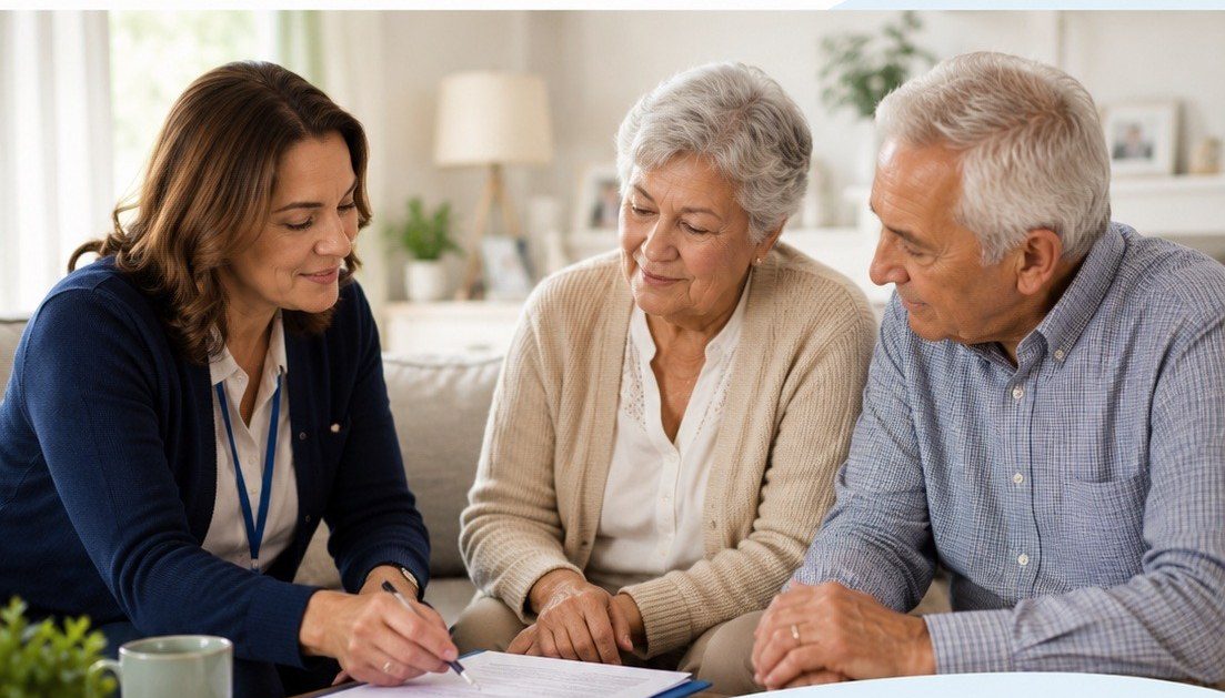 A hospice social worker meeting with a couple at their kitchen table